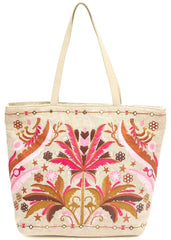 Embroidered Canvas Tote Bag, Floral Design in Pink and Brown, Beige Base with Decorative Border