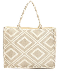 PRIMROSE Geometric Pattern Canvas Tote Bag, Large Shopping Bag, Beige and White Diamond Design