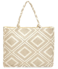 PRIMROSE Geometric Pattern Canvas Tote Bag, Large Shopping Bag, Beige and White Diamond Design