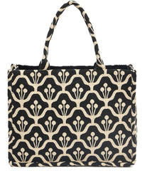 PRIMROSE Floral Pattern Canvas Tote Bag, Black and Beige, Decorative Design, Shopping Handbag