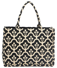 PRIMROSE Floral Pattern Canvas Tote Bag, Black and Beige, Decorative Design, Shopping Handbag