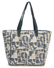 Canvas Tote Bag, Abstract Pattern Print, Grey and Beige, Large Shoulder Straps