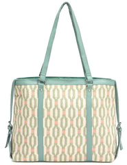 Ladies Geometric Print Tote Bag, Mint Green Trim, Canvas Shoulder Handbag