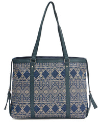 Women's Ethnic Print Tote Bag, Navy Blue and Beige Pattern