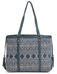 Women's Ethnic Print Tote Bag, Navy Blue and Beige Pattern