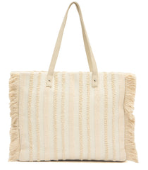 Boho Woven Cotton Tote Bag with Fringe Detail, Cream Striped Pattern, Large Shoulder Straps