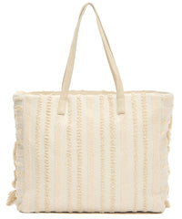 Boho Woven Cotton Tote Bag with Fringe Detail, Cream Striped Pattern, Large Shoulder Straps
