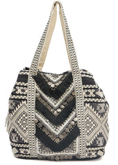 PRIMROSE Bohemian Tote Bag with Fringe Detail, Black and Beige Aztec Pattern, Coin Embellished