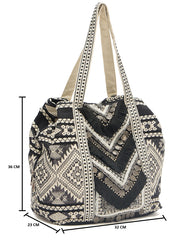 PRIMROSE Bohemian Tote Bag with Fringe Detail, Black and Beige Aztec Pattern, Coin Embellished
