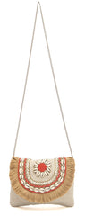 PRIMROSE Bohemian Crossbody Bag with Shell Fringe, Beige Canvas with Coral Beading, Chain Strap