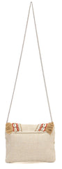 PRIMROSE Bohemian Crossbody Bag with Shell Fringe, Beige Canvas with Coral Beading, Chain Strap