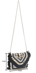PRIMROSE Bohemian Crossbody Bag with Fringe, Beaded Embellishments, Coin Details, Silver Chain Strap, Black