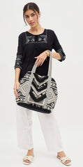 PRIMROSE Bohemian Tote Bag with Fringe Detail, Black and Beige Aztec Pattern, Coin Embellished