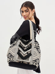 PRIMROSE Bohemian Tote Bag with Fringe Detail, Black and Beige Aztec Pattern, Coin Embellished