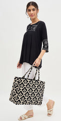PRIMROSE Floral Pattern Canvas Tote Bag, Black and Beige, Decorative Design, Shopping Handbag