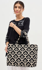 PRIMROSE Floral Pattern Canvas Tote Bag, Black and Beige, Decorative Design, Shopping Handbag
