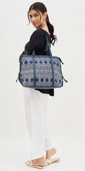 Women's Ethnic Print Tote Bag, Navy Blue and Beige Pattern