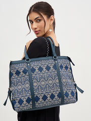 Women's Ethnic Print Tote Bag, Navy Blue and Beige Pattern