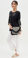 PRIMROSE Bohemian Crossbody Bag with Fringe, Beaded Embellishments, Coin Details, Silver Chain Strap, Black