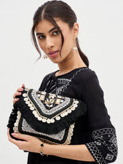 PRIMROSE Bohemian Crossbody Bag with Fringe, Beaded Embellishments, Coin Details, Silver Chain Strap, Black