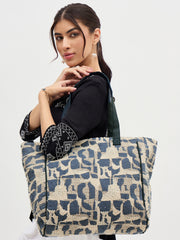 Canvas Tote Bag, Abstract Pattern Print, Grey and Beige, Large Shoulder Straps