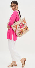 Embroidered Canvas Tote Bag, Floral Design in Pink and Brown, Beige Base with Decorative Border