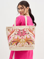 Embroidered Canvas Tote Bag, Floral Design in Pink and Brown, Beige Base with Decorative Border