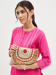 PRIMROSE Bohemian Crossbody Bag with Shell Fringe, Beige Canvas with Coral Beading, Chain Strap