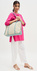 Ladies Geometric Print Tote Bag, Mint Green Trim, Canvas Shoulder Handbag