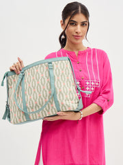 Ladies Geometric Print Tote Bag, Mint Green Trim, Canvas Shoulder Handbag