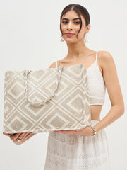 PRIMROSE Geometric Pattern Canvas Tote Bag, Large Shopping Bag, Beige and White Diamond Design