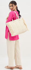 Boho Woven Cotton Tote Bag with Fringe Detail, Cream Striped Pattern, Large Shoulder Straps