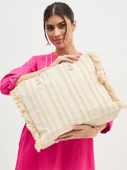 Boho Woven Cotton Tote Bag with Fringe Detail, Cream Striped Pattern, Large Shoulder Straps