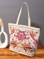 Embroidered Canvas Tote Bag, Floral Design in Pink and Brown, Beige Base with Decorative Border