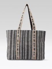 PRIMROSE Woven Striped Tote Bag, Black, Braided Handles