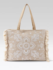 PRIMROSE Jute Tote Bag with Sequin Embellishment, Beige, Fringe Detail, Shoulder Handles