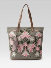 PRIMROSE Floral Embroidered Tote Bag, Olive Green, With Tassel Charm, Boho Style