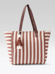 PRIMROSE Striped Tote Bag, Brown and Cream Vertical Stripes, Tassel Charm Detail