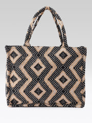 PRIMROSE Jute Tote Bag, Black and Natural Diamond Pattern, Handwoven