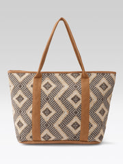 PRIMROSE Woven Tote Bag, Geometric Pattern, Brown and Beige