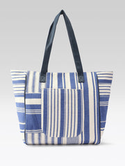 PRIMROSE Striped Tote Bag, Blue and Cream, Canvas Material, Patchwork Design, Shoulder Bag