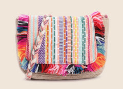 PRIMROSE Bohemian Crossbody Bag, Multicolour Fringe Trim, Braided Strap, Woven Pattern