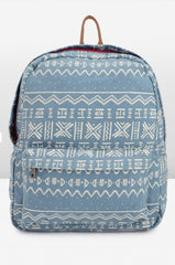 PRIMROSE Casual Canvas Backpack with Aztec Print Pattern, Light Blue and White, Brown Straps