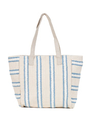 PRIMROSE Canvas Beach Tote Bag, White with Blue Stripes, Large Casual Shoulder Bag