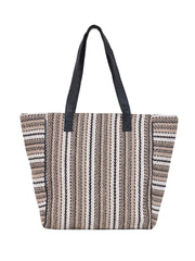PRIMROSE Striped Canvas Tote Bag, Large Beach Shopper with Black Handles, Beige and White