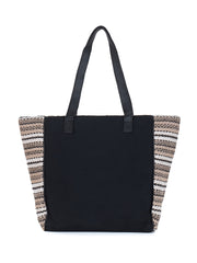 PRIMROSE Striped Canvas Tote Bag, Large Beach Shopper with Black Handles, Beige and White