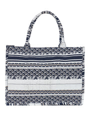 PRIMROSE Jacquard Tote Bag, Navy Blue and White Geometric Pattern, Cotton Canvas Material, Zipper Closure