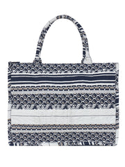 PRIMROSE Jacquard Tote Bag, Navy Blue and White Geometric Pattern, Cotton Canvas Material, Zipper Closure