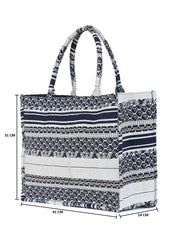 PRIMROSE Jacquard Tote Bag, Navy Blue and White Geometric Pattern, Cotton Canvas Material, Zipper Closure
