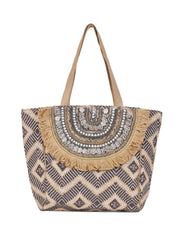 PRIMROSE Bohemian Tote Bag with Sequin Embellishments, Fringe Detail, Geometric Pattern, Beige and Grey